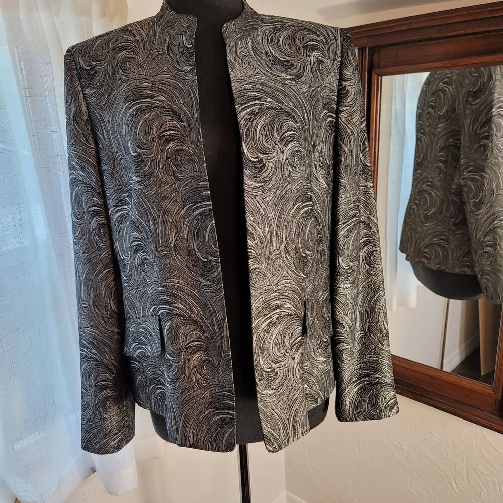 Kasper Metallic Jacquard Open Front Blazer Silver Black Swirl Luxe Mandarin 12